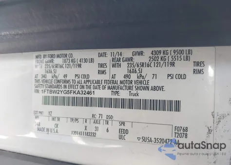 2015 Ford Transit-350 z USA, uszkodzony, nr VIN 1FTBW2YG5FKA32461